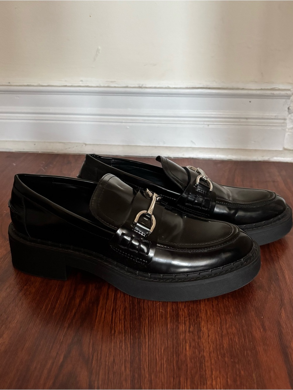 Zara Black Patent Leather Loafers with Silver Bit